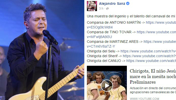 Alejandro Sanz presume «del ingenio y talento» del Carnaval de Cádiz